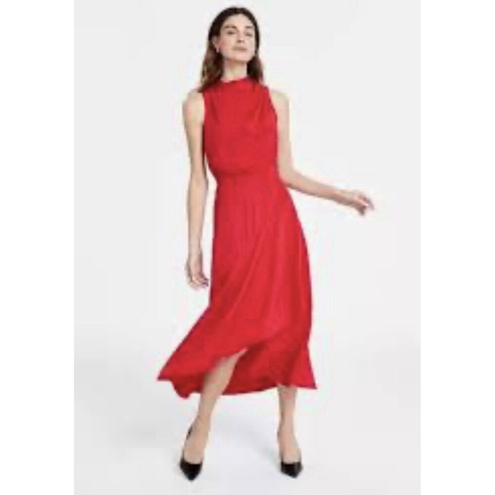 Karl Lagerfeld Paris Red Satin Cowl Neck Midi Fit & Flare Rhinestone Size 10 NEW